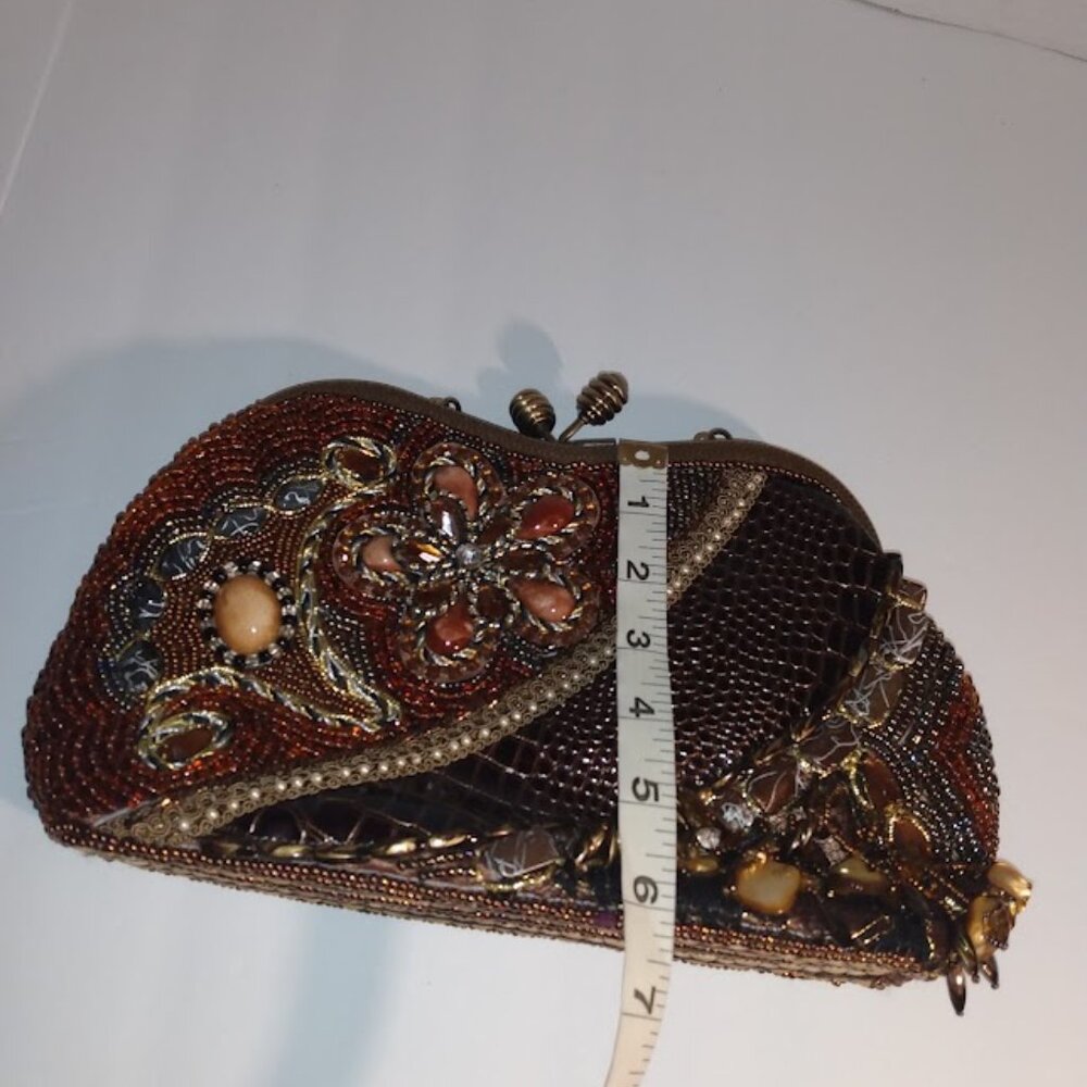 Chico's: Brown purse with ceramic stones & beads, chain strap and metal handle. - Picture 6 of 6